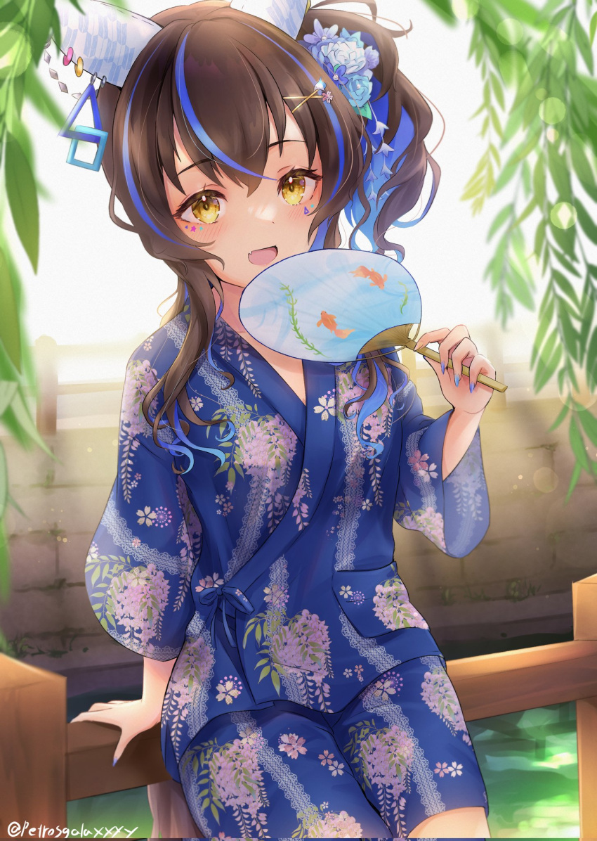 1girl alternate_costume animal_ears blue_hair blue_shirt blue_shorts brown_hair colored_inner_hair daitaku_helios_(umamusume) fang fence floral_print flower hair_flower hair_ornament hairclip hand_fan hand_up highres holding holding_fan horse_ears japanese_clothes jinbei_(clothes) lens_flare long_hair long_sleeves looking_at_viewer multicolored_hair multicolored_nails open_mouth paper_fan peteron shirt shorts side_ponytail sitting skin_fang smile solo streaked_hair twitter_username uchiwa umamusume yellow_eyes