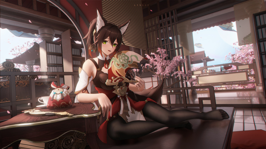 1girl animal_ears architecture black_pantyhose black_shirt blue_sky breasts brown_hair cherry_blossoms day east_asian_architecture fox_ears fox_girl green_eyes hair_between_eyes highres honkai:_star_rail honkai_(series) indoors legs ling_dianxia long_hair multicolored_hair no_shoes paid_reward_available pantyhose ponytail red_hair shirt sky small_breasts solo streaked_hair tingyun_(honkai:_star_rail) toes