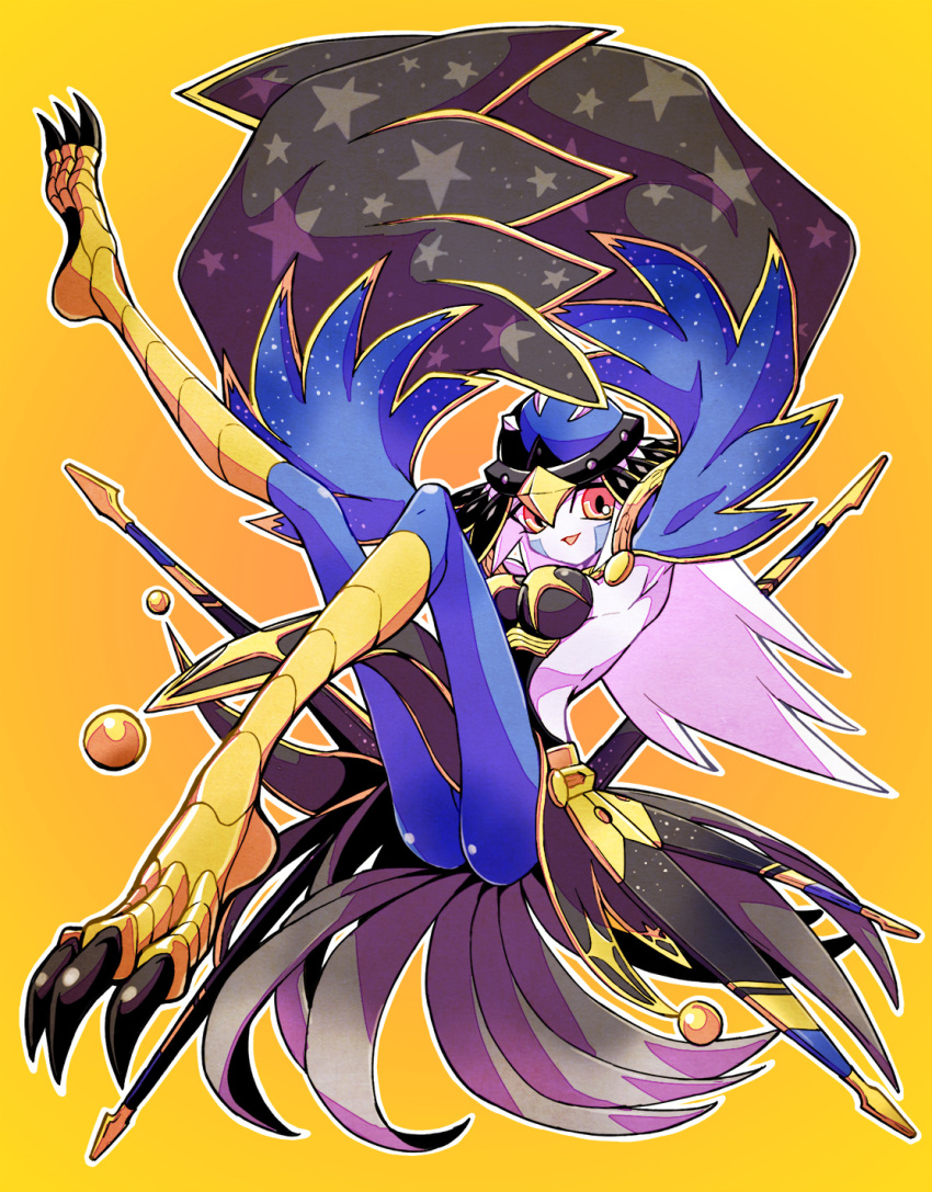 1girl arms_up breasts duel_monster full_body gradient_background harpy highres legs_up long_hair lyrilusc_-_recital_starling monster_girl open_mouth pink_hair red_eyes skirt solo winged_arms wings yellow_background yu-gi-oh! yukitaka_(zzzzz)