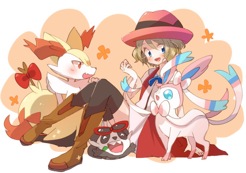 1girl :d arm_support bangs blonde_hair blue_eyes blue_ribbon blush boots braixen brown_footwear commentary_request dress hand_up hat marutoko45 neck_ribbon open_mouth pancham pink_headwear pokemon pokemon_(anime) pokemon_(creature) pokemon_xy_(anime) ribbon serena_(pokemon) short_hair sitting smile sylveon thighhighs tongue white_dress