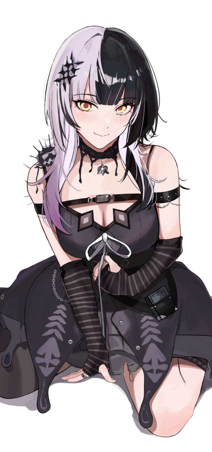 1girl arm_strap arm_warmers bare_shoulders black_choker black_dress black_gloves black_hair breasts choker cleavage collarbone dress fingerless_gloves gloves highres hololive hololive_english jewelry ku_roiko lace lace_choker large_breasts long_hair looking_at_viewer multicolored_hair ring seiza shiori_novella short_dress sitting sleeveless sleeveless_dress smile solo split-color_hair two-tone_hair virtual_youtuber white_background white_hair yellow_eyes yorick_(shiori_novella)