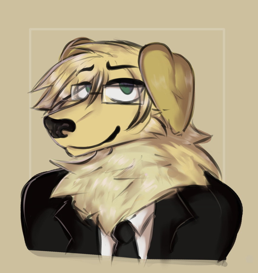 absurd_res anthro bird_dog blazer canid canine canis clothing cumcadaver domestic_dog eyewear gault glasses golden_retriever headshot_portrait hi_res hunting_dog male mammal necktie portrait retriever simple_background smile solo suit