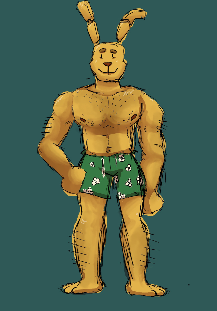 animal_humanoid animatronic anthro bare_chest body_hair chest_hair chest_tuft clothed clothing cybernetics cyborg five_nights_at_freddy's five_nights_at_freddy's_3 flower fully_clothed funkybirddude_(artist) hi_res humanoid leg_hair machine male male/male nipples plant robot scottgames solo spring_bonnie_(fnaf) springlock_suit springtrap_(fnaf) swimming_trunks swimwear tuft