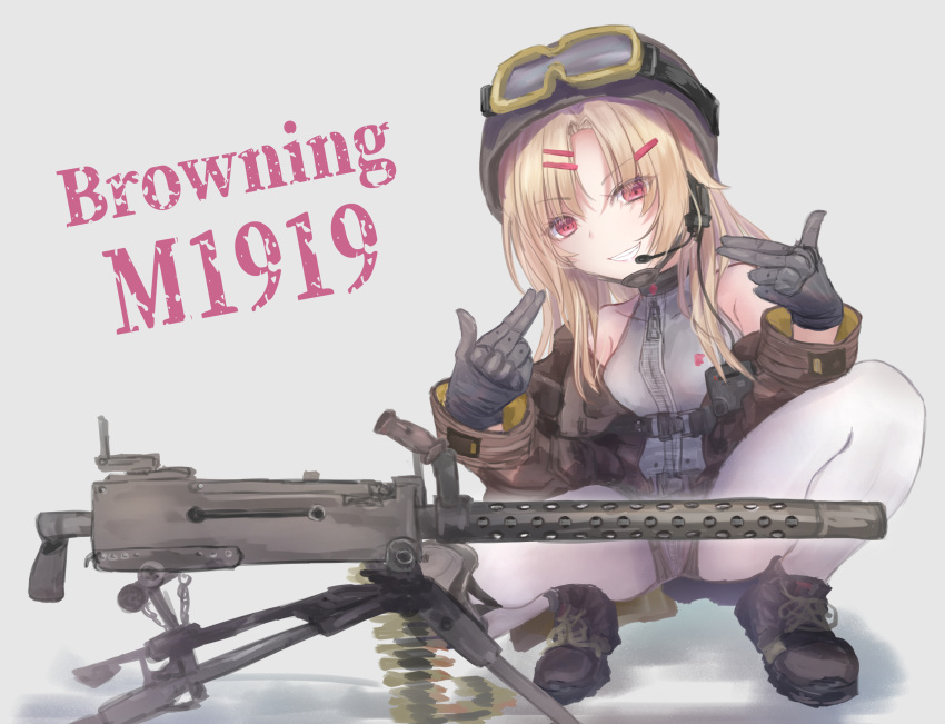 1girl absurdres black_gloves blonde_hair breasts brown_footwear brown_jacket brown_shorts browning_m1919 character_name chin_strap collarbone double_finger_gun finger_gun girls'_frontline gloves goggles goggles_on_headwear hair_ornament hairclip helmet highres jacket looking_at_viewer m1919a4_(girls'_frontline) m1919a4_(mod3)_(girls'_frontline) martinreaction medium_breasts off_shoulder open_mouth pantyhose red_eyes shirt shorts simple_background sleeveless sleeveless_shirt solo squatting tripod white_background white_pantyhose