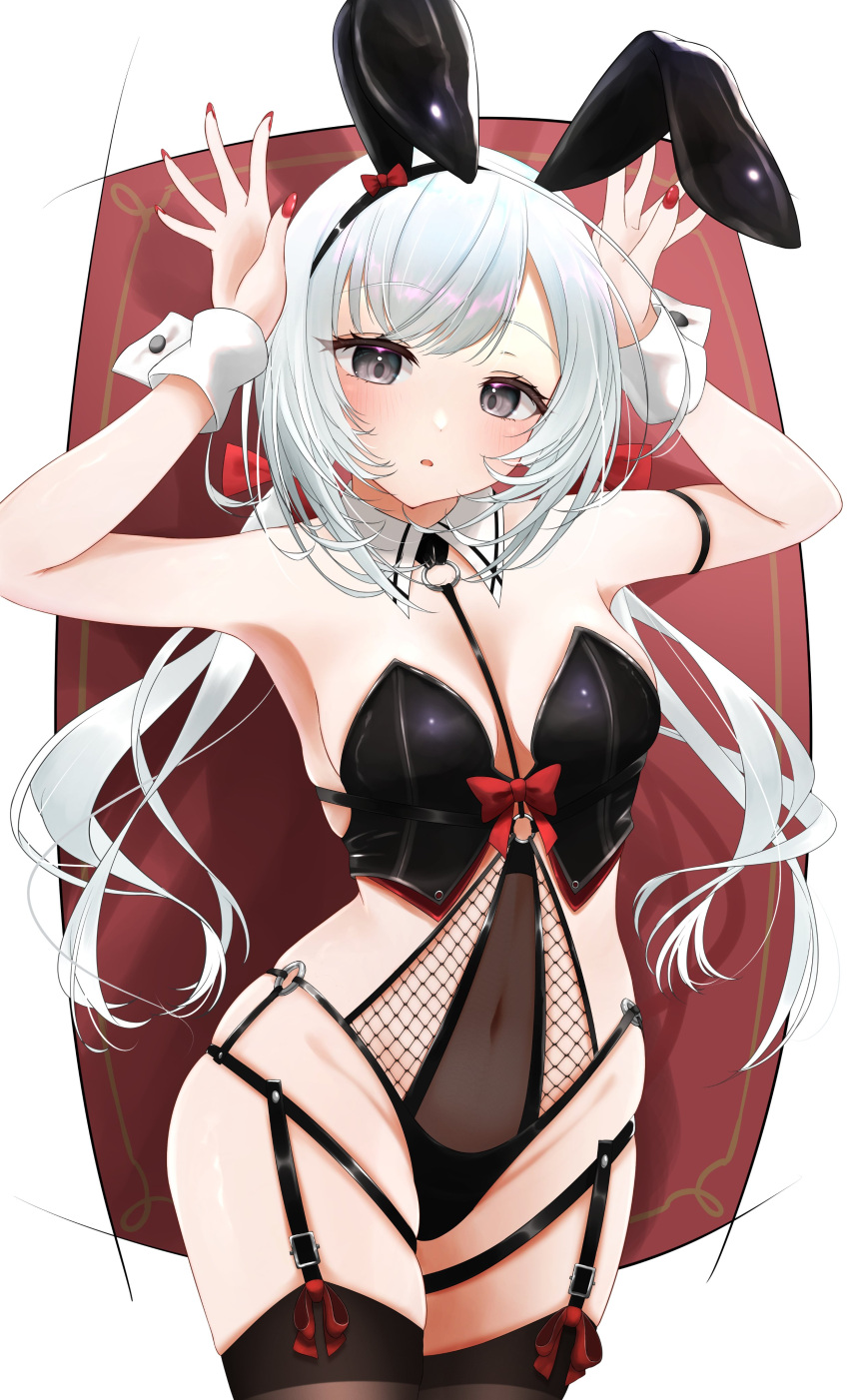 1girl absurdres alternate_costume azur_lane black_thighhighs breasts commentary_request covered_navel cowboy_shot detached_collar fishnets flandre_(azur_lane) grey_eyes highres long_hair looking_at_viewer nail_polish nontraditional_playboy_bunny o-ring playboy_bunny red_nails see-through skindentation small_breasts solo thighhighs tsuri_pi white_hair wing_collar wrist_cuffs