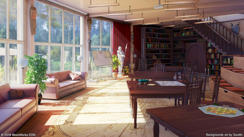 3d bookshelf bush cabinet carpet ceiling ceiling_light chair coat_of_arms couch curtains door grass highres indoors interior lamp mask morning original plant potted_plant scenery shadow stairs sunlight surafin sword table tree weapon whiteboard window window_shade wooden_floor