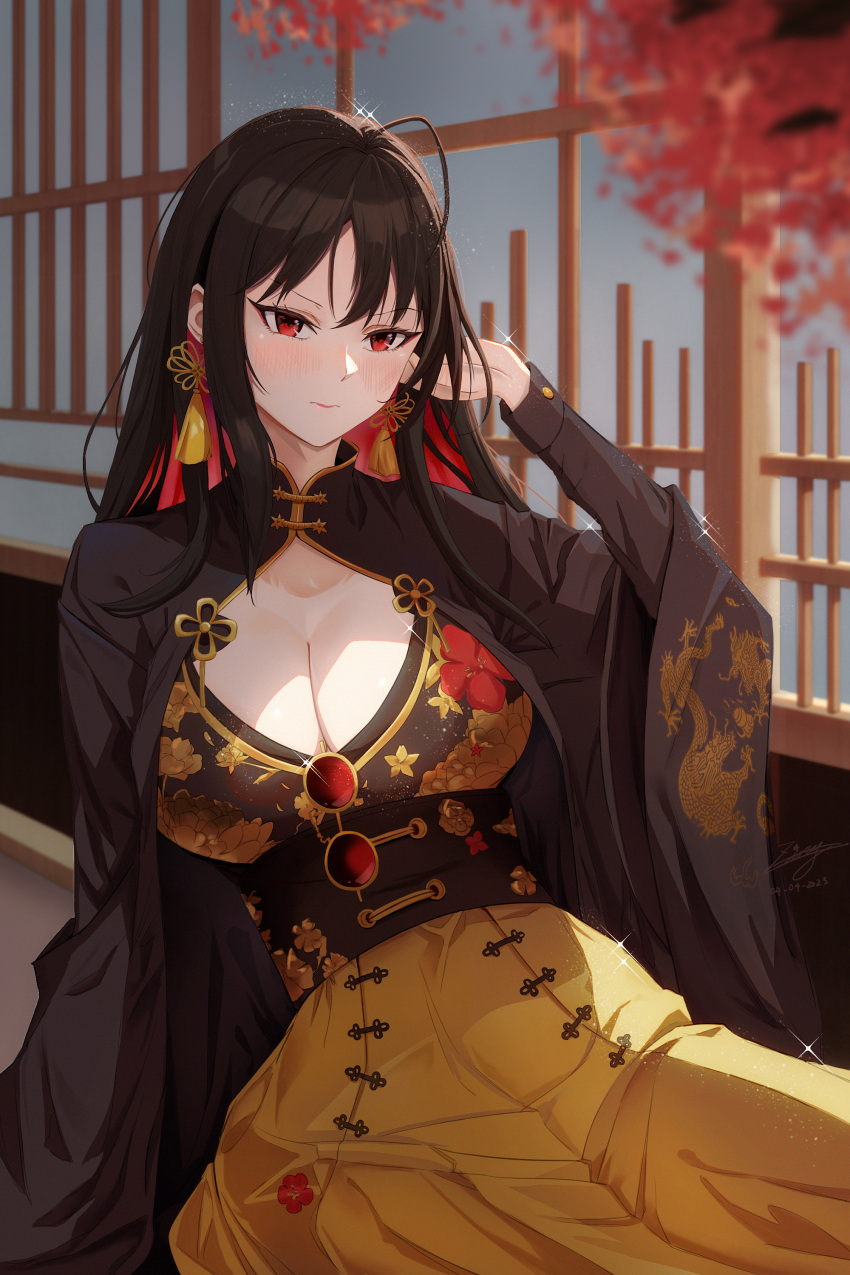 1girl absurdres ahoge black_coat black_dress black_hair breasts china_dress chinese_clothes chinese_knot cleavage closed_mouth coat colored_inner_hair commentary cowboy_shot dress earrings floral_print glint goddess_of_victory:_nikke hair_between_eyes hand_up highres indoors jewelry large_breasts long_hair long_sleeves looking_at_viewer moran_(nikke) multicolored_hair red_eyes red_hair sidelocks sitting solo tassel tassel_earrings two-tone_dress two-tone_hair yellow_dress zing_(zingart)