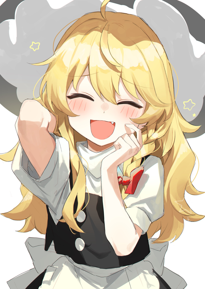 1girl absurdres ahoge apron arm_up black_headwear black_skirt black_vest blonde_hair blush bow braid buttons closed_eyes fang finger_to_face hair_bow hand_up hat highres jill_07km kirisame_marisa long_hair open_mouth puffy_short_sleeves puffy_sleeves red_bow shirt short_sleeves simple_background single_braid skirt skirt_set solo star_(symbol) touhou turtleneck vest waist_apron white_apron white_background white_shirt witch_hat