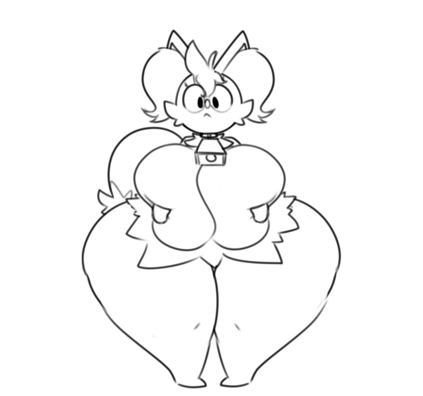 anthro big_breasts braixen breasts collar cowbell dewy-eyedboy female generation_6_pokemon hi_res holding_breast huge_breasts huge_thighs hyper hyper_breasts hyper_thighs monochrome nintendo pokemon pokemon_(species) rose_(dewy-eyedboy) simple_background solo standing thick_thighs wide_hips