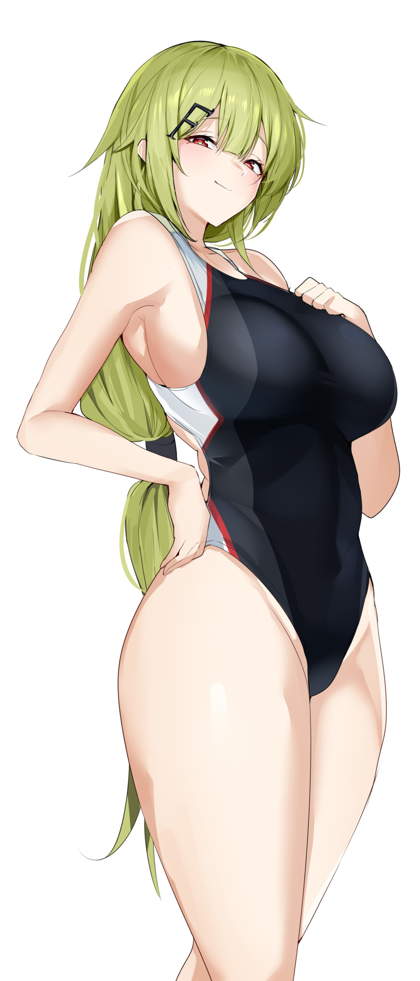 1girl absurdres alternate_costume arched_back ass back_cutout bare_arms bare_shoulders black_one-piece_swimsuit blush breasts closed_mouth clothing_cutout commission competition_swimsuit criss-cross_back-straps from_behind girls'_frontline green_eyes grey_headwear groin hair_ornament hairclip highleg highleg_swimsuit highres impossible_clothes impossible_swimsuit large_breasts long_hair looking_at_viewer maruyaa_(malya1006) median_furrow mk48_(girls'_frontline) one-piece_swimsuit red_eyes simple_background skeb_commission smile solo swimsuit taut_clothes taut_swimsuit thighs trefoil two-tone_one-piece_swimsuit white_background white_one-piece_swimsuit