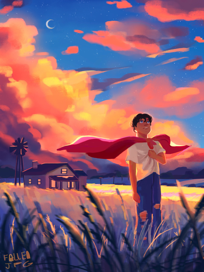 1boy aged_down black_hair cape clark_kent cloud cloudy_sky curly_hair dc_comics denim fallen-jpg highres house jeans looking_up pants parted_lips red_cape shirt short_hair short_sleeves signature sky star_(sky) starry_sky sunset superman superman_(series) torn_clothes wheat_field white_shirt wind windmill