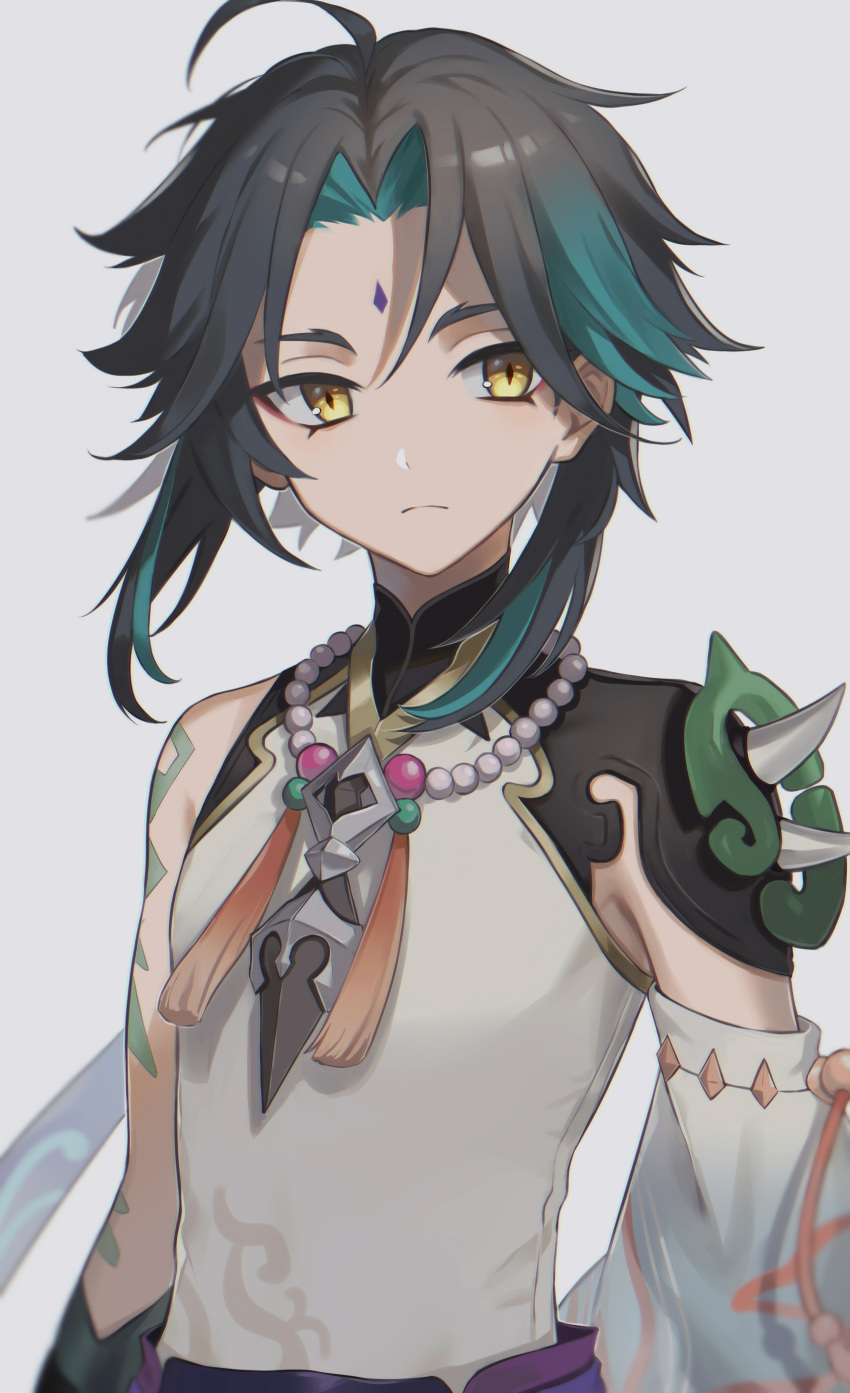 1boy absurdres ahoge arm_tattoo armor asymmetrical_clothes bead_necklace beads black_hair closed_mouth detached_sleeves diamond-shaped_pupils diamond_(shape) eyeshadow facial_mark forehead_mark genshin_impact green_hair highres jewelry looking_at_viewer makeup male_focus multicolored_hair necklace parted_bangs pendant red_eyeshadow short_hair short_hair_with_long_locks shoulder_armor shoulder_pads shoulder_spikes sidelocks simple_background single_bare_shoulder single_detached_sleeve slit_pupils solo spikes symbol-shaped_pupils tassel tattoo two-tone_hair unapoppo white_background xiao_(genshin_impact) yellow_eyes