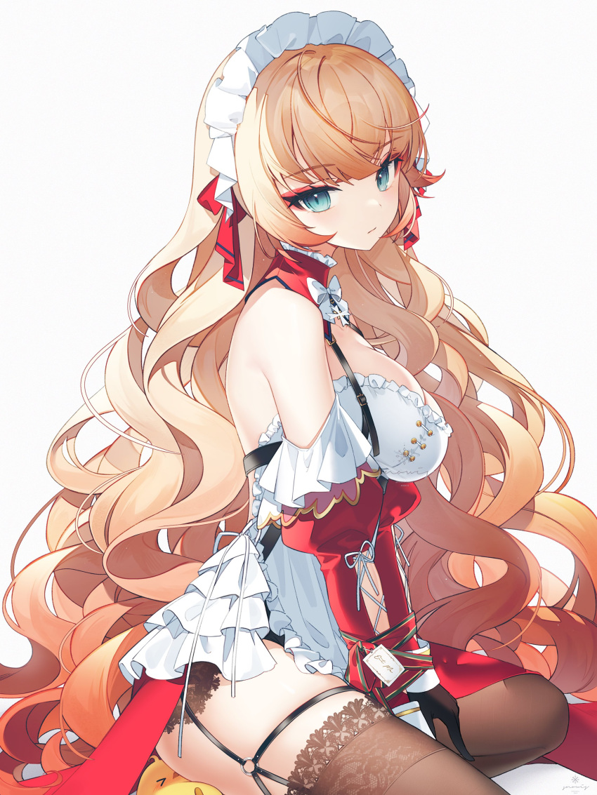 absurdres apron azur_lane backless_dress backless_outfit black_gloves black_thighhighs blonde_hair blue_eyes bow breasts cleavage closed_mouth detached_sleeves dress eyeshadow frilled_apron frills from_side garter_straps gloves hair_ribbon highres howe_(azur_lane) howe_(pastry_princess)_(azur_lane) large_breasts long_hair looking_at_viewer maid_day makeup manjuu_(azur_lane) o-ring_legwear_garter official_alternate_costume red_eyeshadow red_ribbon ribbon sideboob simple_background sitting snow_is thighhighs thighs very_long_hair wavy_hair white_apron white_background white_bow