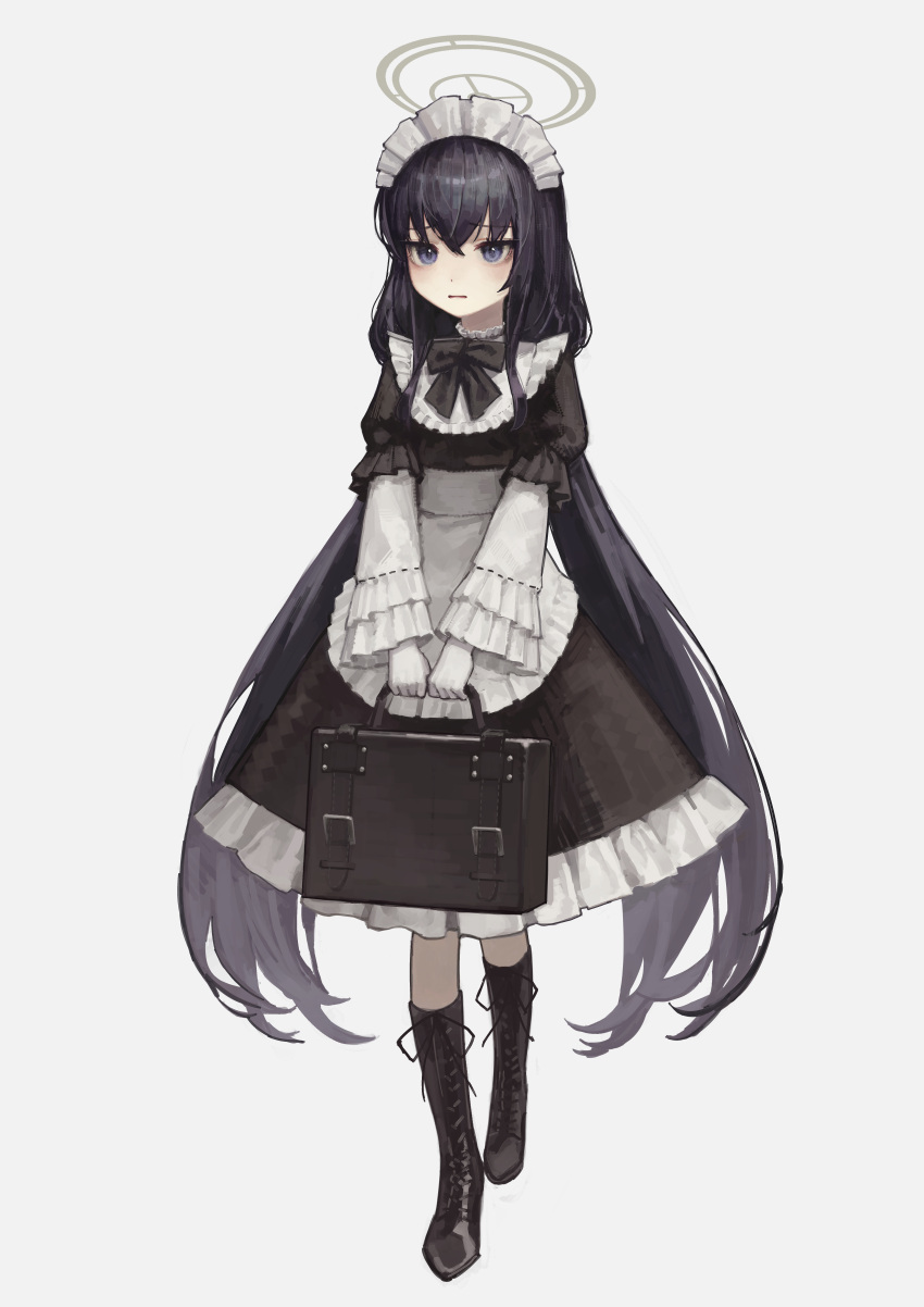 1girl absurdres alternate_costume apron black_bow black_bowtie black_dress black_footwear black_hair blue_archive boots bow bowtie briefcase commentary_request dress enmaided frilled_dress frills full_body furrowed_brow gloves halo highres holding holding_briefcase knee_boots long_hair long_sleeves looking_away maid maid_headdress parted_lips purple_eyes sad simple_background solo ui_(blue_archive) very_long_hair waist_apron white_background white_gloves yoon_cook