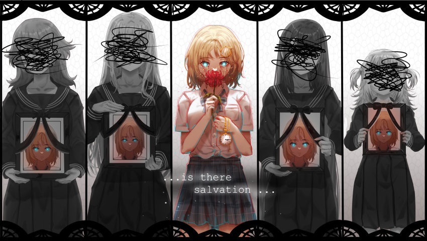 5girls alternate_costume blonde_hair blood blood_from_eyes blue_eyes bow bowtie breast_pocket censored chromatic_aberration commentary covered_face covered_mouth dress_shirt english_commentary english_text flower gawr_gura glowing glowing_eyes hh_(hehexd06161704) highres holding holding_flower holding_photo holding_pocket_watch hololive hololive_english hololive_error holomyth identity_censor iei long_hair looking_at_viewer mori_calliope multiple_girls ninomae_ina'nis odd_one_out partially_colored photo_(object) plaid plaid_bow plaid_bowtie plaid_skirt pocket pocket_watch portrait_(object) school_uniform serafuku shirt short_hair skirt spider_lily takanashi_kiara two_side_up virtual_youtuber watch watson_amelia white_shirt