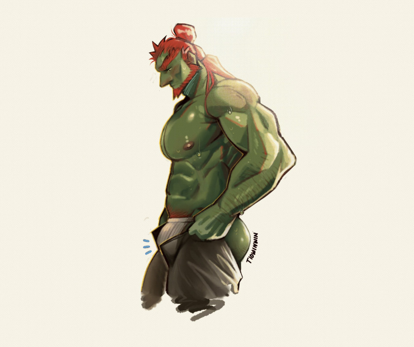 1boy abs arm_hair ass_hair bara beard big_nose blush bulge clothing_aside cropped_legs dressing facial_hair flaccid foreskin from_side ganondorf highres i've_never_seen_a_guy_recreate_this_successfully_tbh_(meme) large_pectorals looking_down male_focus male_underwear male_underwear_aside mature_male meme muscular muscular_male navel nipples open_pants pants pants_lift pectorals short_hair solo the_legend_of_zelda the_legend_of_zelda:_tears_of_the_kingdom tiowinwin topless_male undersized_clothes underwear wet wet_clothes wet_male_underwear