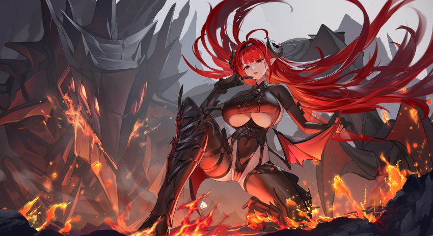 1girl absurdres ahoge azur_lane bare_shoulders black_gloves black_headband black_horns breasts clothing_cutout curled_horns demon_girl demon_wings elbow_gloves fire frilled_gloves frills gloves headband highres hindenburg_(azur_lane) horns large_breasts long_hair looking_at_viewer molten_rock non-humanoid_robot pantyhose pointy_ears red_eyes red_hair robot robot_dragon underboob underboob_cutout very_long_hair wings xiaoguolidun