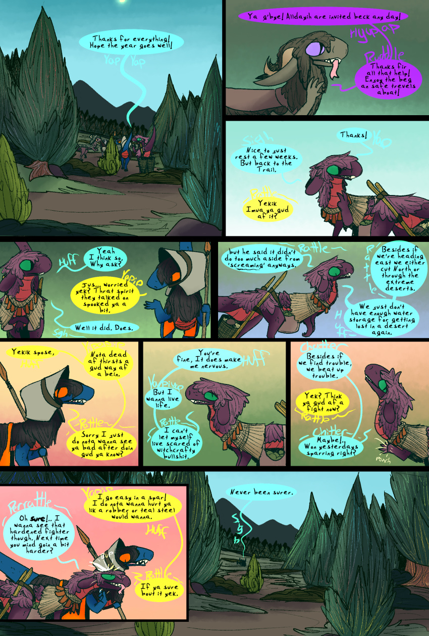 absurd_res club_(weapon) comic dialogue dinosaur dragon dragonscape drekir dromaeosaurid evergreen_tree female feral forest forl_(thepatchedragon) gila_(thepatchedragon) headbutt hi_res hiker_(thepatchedragon) jat_(thepatchedragon) male melee_weapon pine_tree plant polearm post-apocalyptic reptile scalie spear text thepatchedragon theropod travois tree weapon