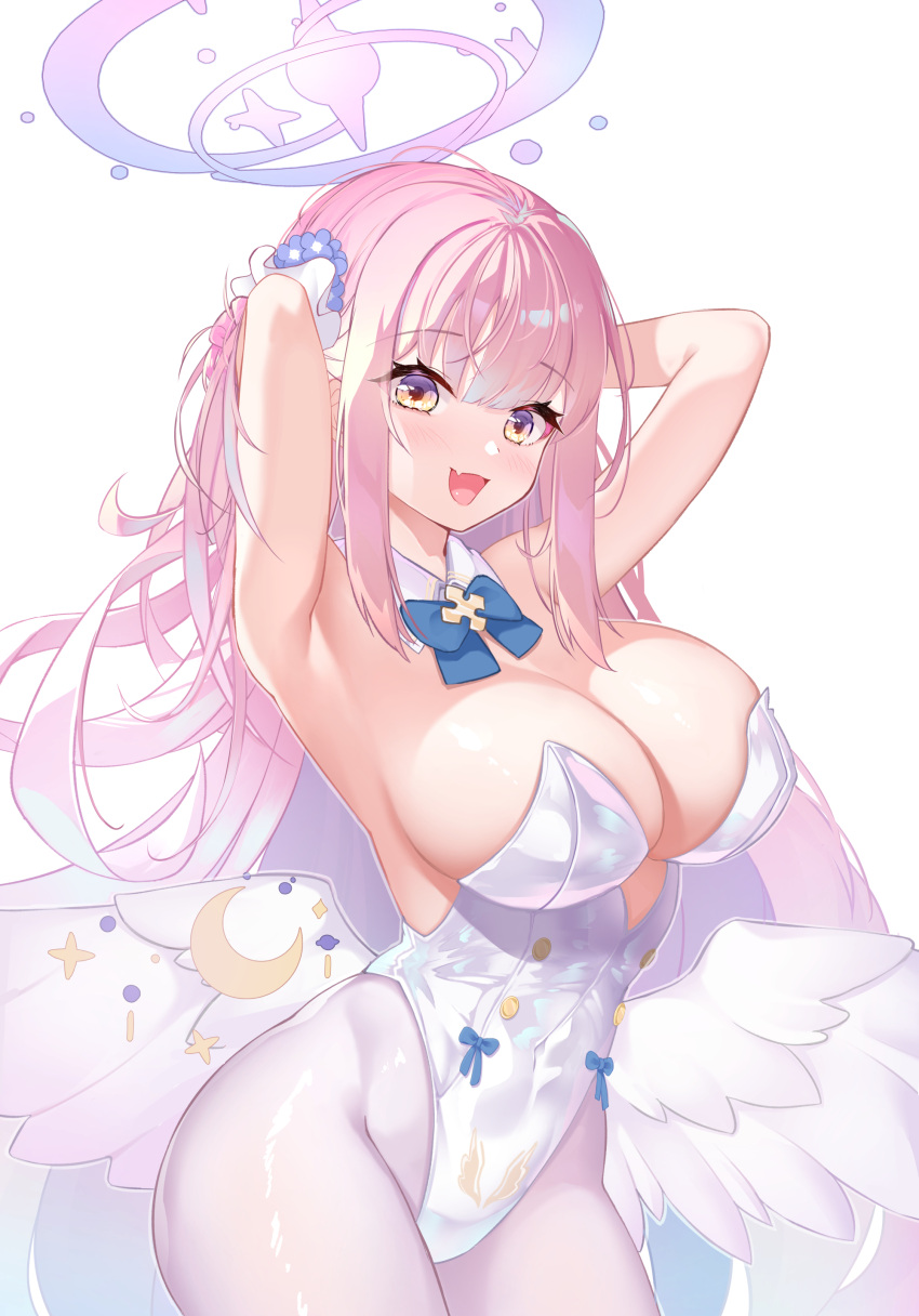 1girl absurdres angel_wings armpits arms_behind_head arms_up blue_archive blush bow bowtie breasts cleavage covered_navel detached_collar fang feathered_wings flower hair_bun hair_flower hair_ornament halo highleg highleg_leotard highres large_breasts leotard long_hair looking_at_viewer low_wings mika_(blue_archive) pantyhose pink_hair pink_halo single_side_bun skin_fang smile solo strapless strapless_leotard white_leotard white_pantyhose white_wings wing_ornament wings yellow_eyes yuruto