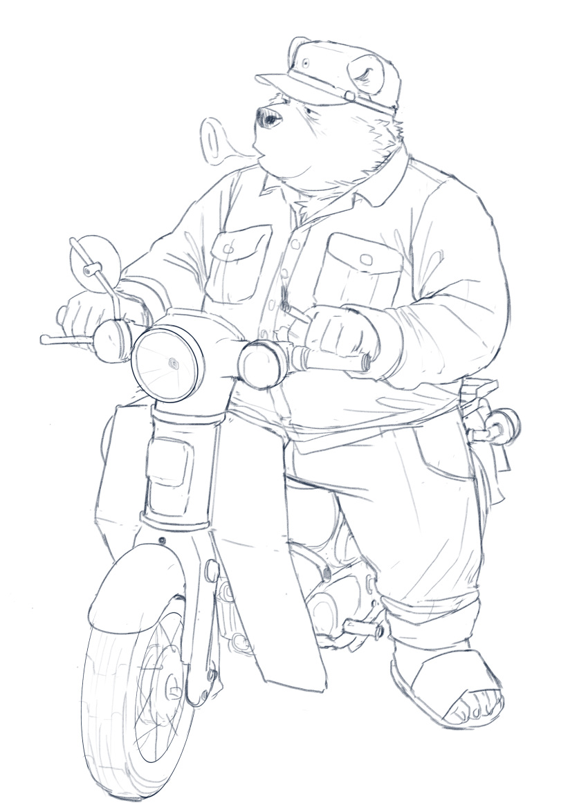 absurd_res anthro bear bottomwear clothing hat headgear headwear hi_res humanoid_hands huynhduyad14 kemono male mammal motorcycle overweight overweight_male pants shirt smoking solo topwear vehicle