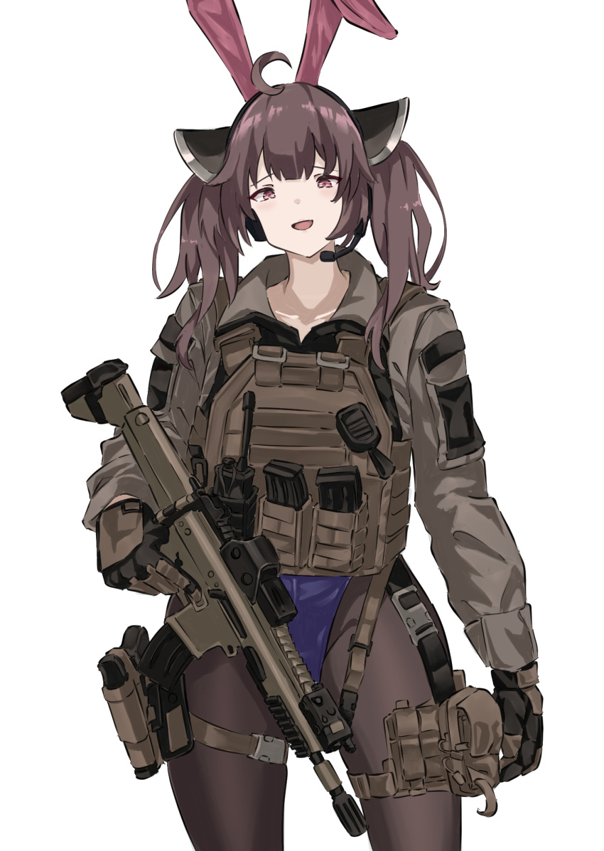 1girl ahoge animal_ears assault_rifle black_pantyhose blue_leotard brown_hair fake_animal_ears gun highres holding holding_gun holding_weapon leotard long_sleeves looking_at_viewer mutugorou_u open_mouth pantyhose playboy_bunny purple_eyes rabbit_ears rifle simple_background smile solo standing tactical_playboy_bunny touhoku_kiritan twintails voiceroid walkie-talkie weapon white_background