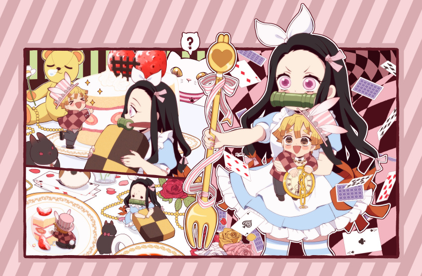 &gt;_&lt; 1boy 1girl absurdres agatsuma_zenitsu alternate_costume apron bamboo beads bit_gag black_hair blonde_hair brown_eyes brown_hair cake candy card cardcaptor_sakura checkered_clothes checkered_jacket flower food forehead fruit gag gradient_hair hair_ribbon hat highres jacket kamado_nezuko kero kimetsu_no_yaiba long_hair long_sleeves maid maid_apron multicolored_hair open_mouth pink_eyes pink_ribbon pori_(kmt_pori) ribbon rose short_hair strawberry striped striped_thighhighs thighhighs top_hat very_long_hair white_ribbon