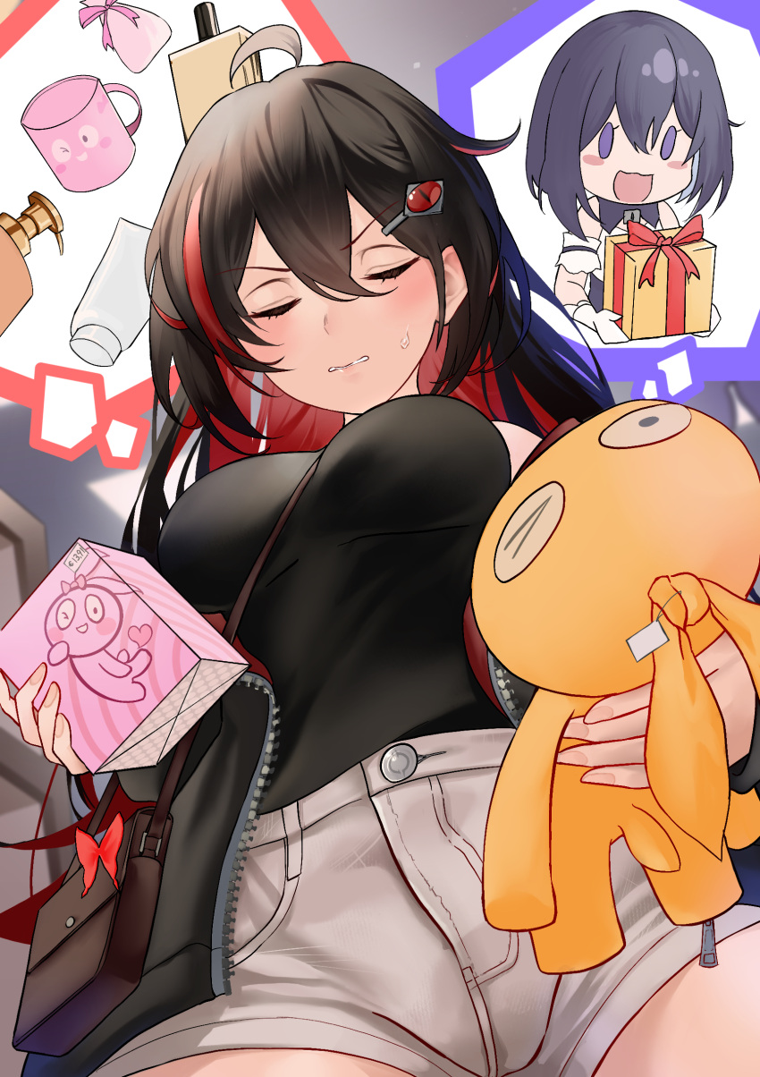 2girls absurdres ahoge alternate_costume bag black_hair black_jacket black_shirt blue_eyes blue_hair bottle box breasts brown_bag bug butterfly butterfly_ornament buttons closed_eyes colored_inner_hair cup from_below gift gift_box hair_between_eyes highres holding holding_gift homei_(honkai_impact) homu_(honkai_impact) honkai_(series) honkai_impact_3rd jacket large_breasts light_blush looking_at_object looking_down mug multicolored_hair multiple_girls nagonako open_mouth parted_lips perfume_bottle red_butterfly red_hair seele_(alter_ego) seele_vollerei seele_vollerei_(starchasm_nyx) seele_vollerei_(stygian_nymph) shirt shopping short_hair shorts solo_focus stuffed_animal stuffed_toy sweatdrop thinking upper_body v-shaped_eyebrows white_shorts white_sleeves zipper