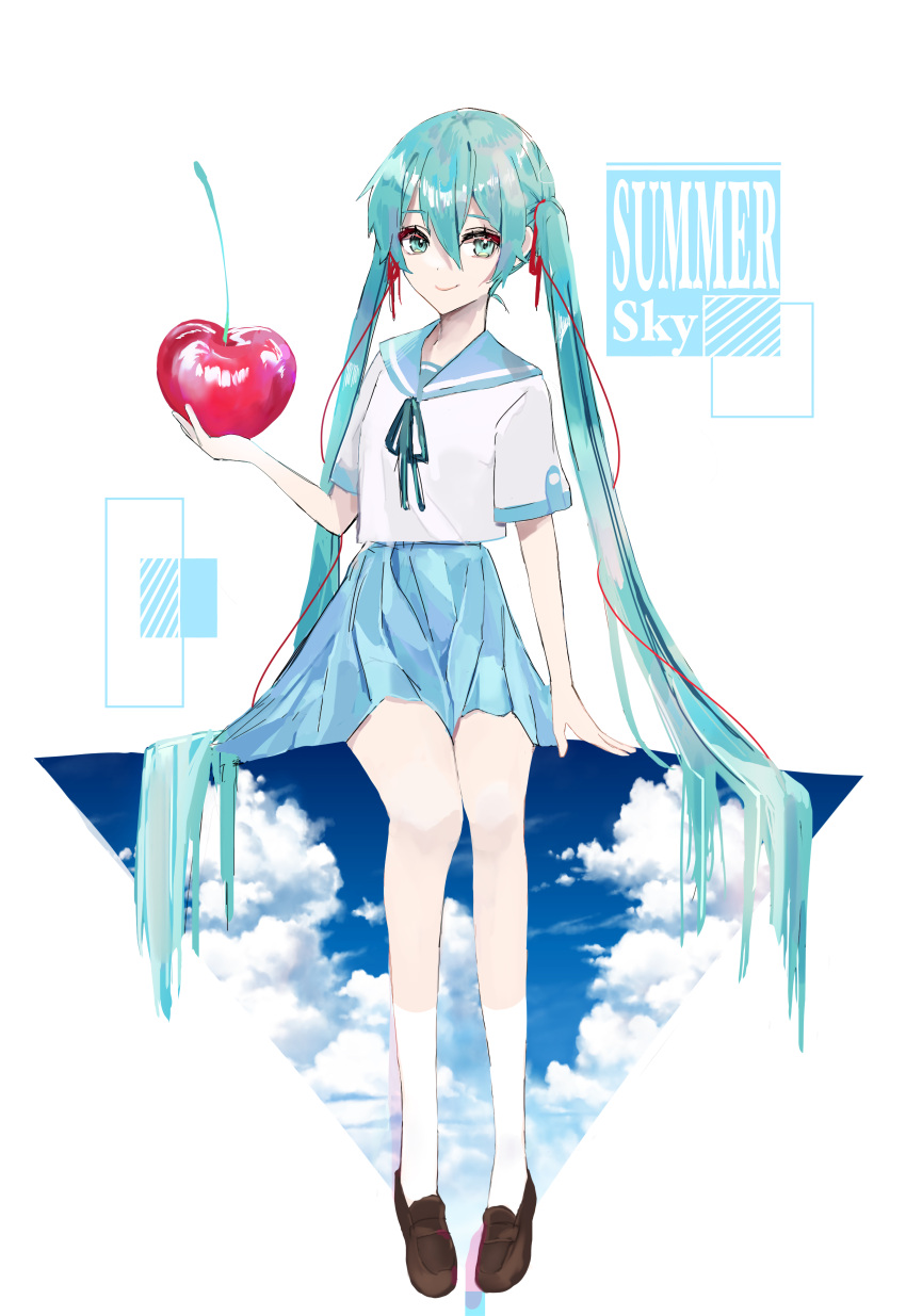 1girl absurdres aqua_eyes aqua_hair aqua_ribbon arm_support blue_sailor_collar blue_skirt blue_theme brown_footwear cherry closed_mouth cloud cumulonimbus_cloud double_exposure english_text food fruit hair_between_eyes hair_ribbon hatsune_miku highres holding holding_food loafers long_hair looking_at_viewer neck_ribbon oversized_food oversized_object pleated_skirt red_ribbon ribbon sailor_collar school_uniform serafuku shirt shoes short_sleeves sidelocks simple_background sitting skirt smile socks solo string string_of_fate twintails very_long_hair vocaloid white_background white_serafuku white_shirt white_socks ya29_i
