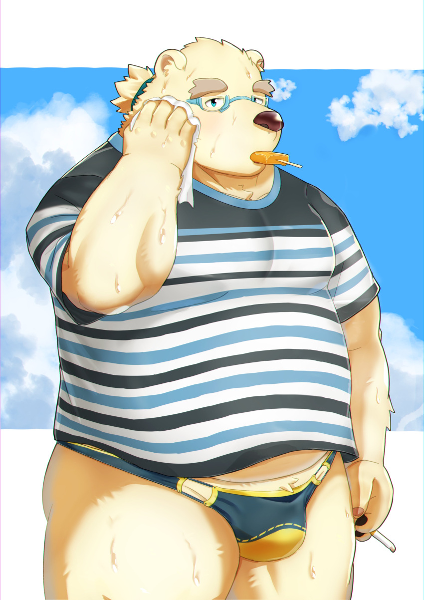 absurd_res anthro beach bear belly bodily_fluids bulge cigarette clothing eyewear food fur glasses hi_res leib_(tas) lifewonders male mammal overweight polar_bear popsicle ruoain seaside shirt solo speedo sweat swimwear t-shirt tokyo_afterschool_summoners topwear ursine white_body white_fur wiping_sweat