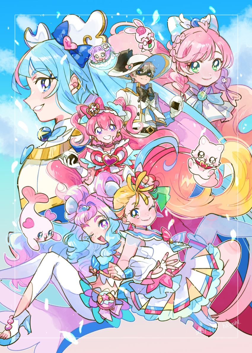 1boy 5girls ahoge ascot black_pepper_(precure) blonde_hair blue_eyes blue_hair bow brooch commentary_request cure_la_mer cure_precious cure_prism cure_sky cure_summer delicious_party_precure earrings ellee-chan fingerless_gloves food gloves gradient_hair green_eyes grin hair_bow hayashi_(kanzume) healin'_good_precure highres hirogaru_sky!_precure jewelry kome-kome_(precure) kururun_(precure) laura_la_mer long_hair magical_girl multicolored_hair multiple_girls nagomi_yui natsuumi_manatsu nijigaoka_mashiro one_eye_closed onigiri pink_hair pouch precure purple_eyes rabirin_(precure) shinada_takumi side_ponytail single_earring smile sora_harewataru tropical-rouge!_precure twintails two_side_up white_bow wing_brooch
