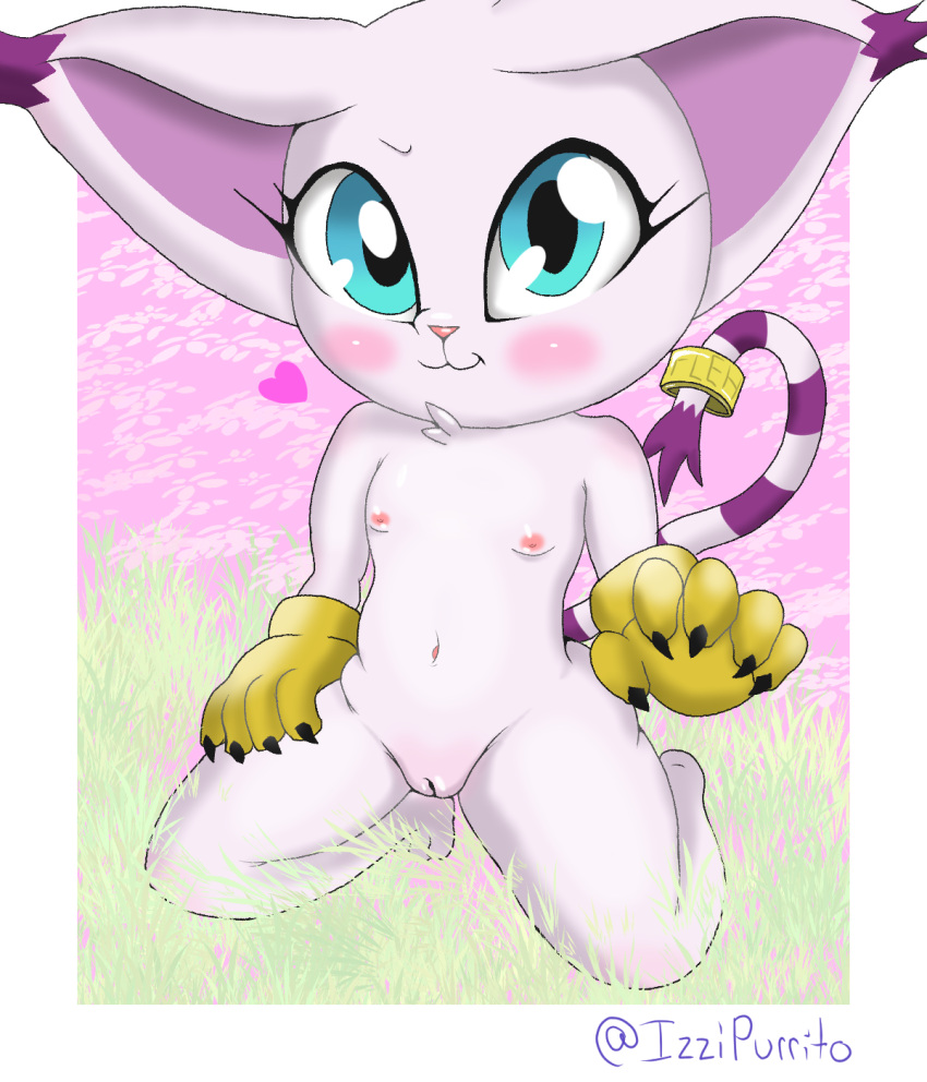 anthro bandai_namco clothing digimon digimon_(species) female gatomon genitals gloves gloves_only handwear handwear_only hi_res humanoid izzipurrito kneeling markings mostly_nude navel nipples nude pink_body pussy ring simple_background solo striped_markings striped_tail stripes tagme tail tail_markings