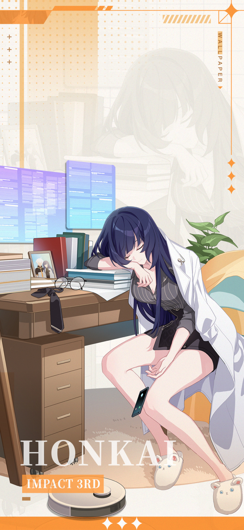 1girl bare_legs black_skirt book breasts chinese_commentary closed_eyes closed_mouth coat english_text highres honkai_(series) honkai_impact_3rd kevin_kaslana large_breasts long_hair mat mei_(honkai_impact) necktie official_art official_wallpaper plant round_eyewear skirt sleeping solo table white_coat