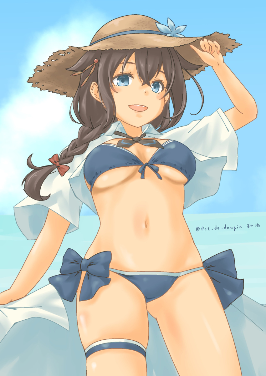 1girl absurdres ahoge bikini black_hair black_ribbon blue_bikini blue_bow blue_bowtie blue_eyes blue_sky bow bowtie braid breasts brown_headwear cloud collared_shirt cowboy_shot dress_shirt front-tie_bikini_top front-tie_top hair_flaps hair_over_shoulder hat highres kantai_collection long_hair medium_breasts neck_ribbon official_alternate_costume open_clothes open_shirt pot-de ribbon shigure_(kancolle) shigure_kai_san_(kancolle) shirt side-tie_bikini_bottom single_braid sky solo straw_hat swimsuit underboob white_shirt