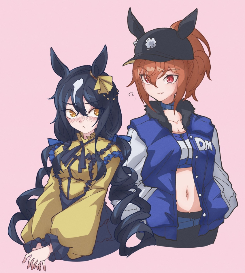 2girls ? animal_ears baseball_bat black_hair black_headwear blue_choker blue_jacket blush breasts brown_hair choker cleavage clover clover_ornament clueless collarbone commentary crop_top curly_hair daiwa_major_(racehorse) dance_in_the_mood_(racehorse) drill_hair ear_ornament eyes_visible_through_hair fang fang_out four-leaf_clover frilled_shirt_collar frills fur-trimmed_jacket fur_trim genderswap genderswap_(mtf) hair_between_eyes hands_in_pockets highres horse_ears horse_girl initial jacket letterman_jacket long_hair long_sleeves midriff multiple_girls navel obushideian open_clothes open_jacket original personification pink_background red_eyes rivals shirt sideways_glance simple_background skin_fang tank_top twin_drills umamusume upper_body very_long_hair white_hair yellow_eyes yellow_shirt