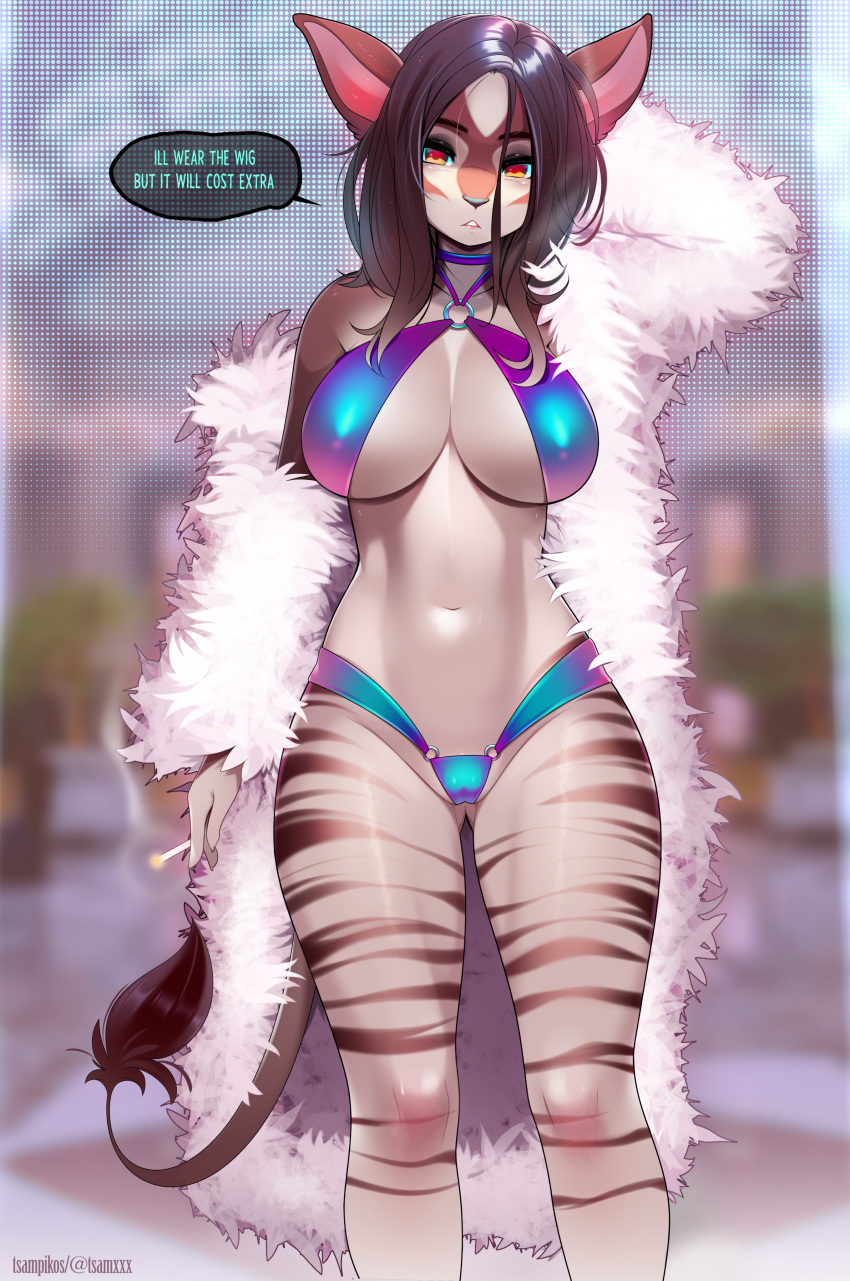 absurd_res anthro beastars big_breasts breasts camel_toe clothed clothing cosmo_(beastars) dialogue english_text female front_view fur fur_coat giraffid hi_res lingerie mammal okapi outside partially_clothed skimpy solo speech_bubble standing striped_body striped_fur stripes tail tail_tuft tan_body tan_fur text thong tsampikos tuft underwear wig