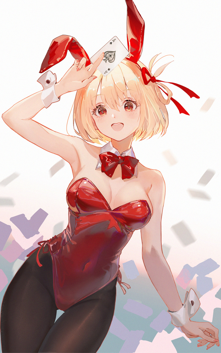 1girl ace_of_spades animal_ears arm_up bare_shoulders black_pantyhose blonde_hair bob_cut bow bowtie breasts card cleavage commentary covered_navel detached_collar fake_animal_ears fingernails hair_between_eyes hair_ribbon highres holding holding_card large_breasts leotard light_blush looking_at_viewer lycoris_recoil nail_polish nishikigi_chisato open_mouth pantyhose playboy_bunny playing_card rabbit_ears rakuhei red_bow red_bowtie red_eyes red_leotard red_nails red_ribbon ribbon short_hair smile solo spade_(shape) strapless strapless_leotard tail teeth thigh_gap upper_teeth_only white_wrist_cuffs wrist_cuffs