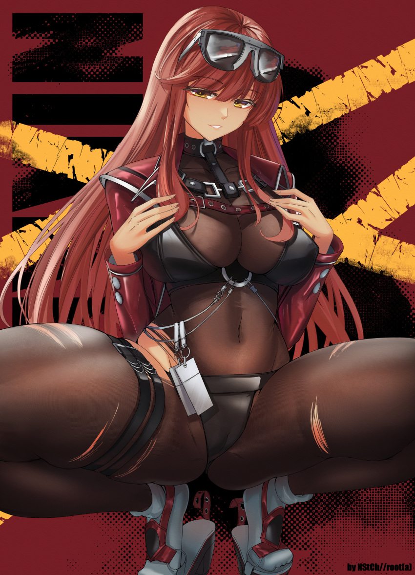 1girl absurdres ass_visible_through_thighs belt bikini bikini_over_clothes black_belt black_bikini bodystocking breasts cameltoe covered_navel eyewear_on_head goddess_of_victory:_nikke hair_between_eyes head_rest highres jacket large_breasts long_hair long_sleeves looking_at_viewer multiple_thigh_straps nstch_root_a open_clothes open_jacket parted_lips pink_nails red_hair red_jacket see-through_cleavage sitting socks solo spread_legs sunglasses swimsuit thigh_belt thigh_strap thighs torn_bodystocking torn_clothes volume_(nikke) white_socks yellow_eyes