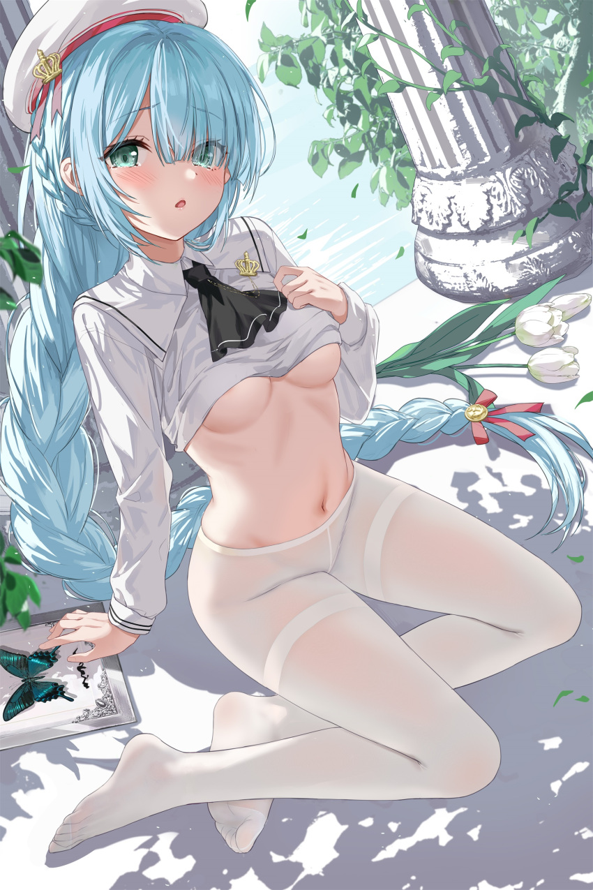 1girl absurdres arm_support ascot azur_lane beret black_ascot blue_hair braid breasts bug butterfly clothes_lift crop_top devil_heavens dutch_angle eyes_visible_through_hair feet flower green_eyes hair_ribbon hand_on_own_chest hand_up hat highres janus_(azur_lane) janus_(fear_of_changing...clothes)_(azur_lane) legs long_hair long_sleeves looking_at_viewer medium_breasts navel no_pants no_shoes official_alternate_costume open_mouth pantyhose pillar plant ribbon sailor_collar shirt shirt_lift single_braid sitting solo stomach tearing_up thighband_pantyhose toes tulip underboob very_long_hair white_flower white_headwear white_pantyhose white_shirt white_tulip yokozuwari