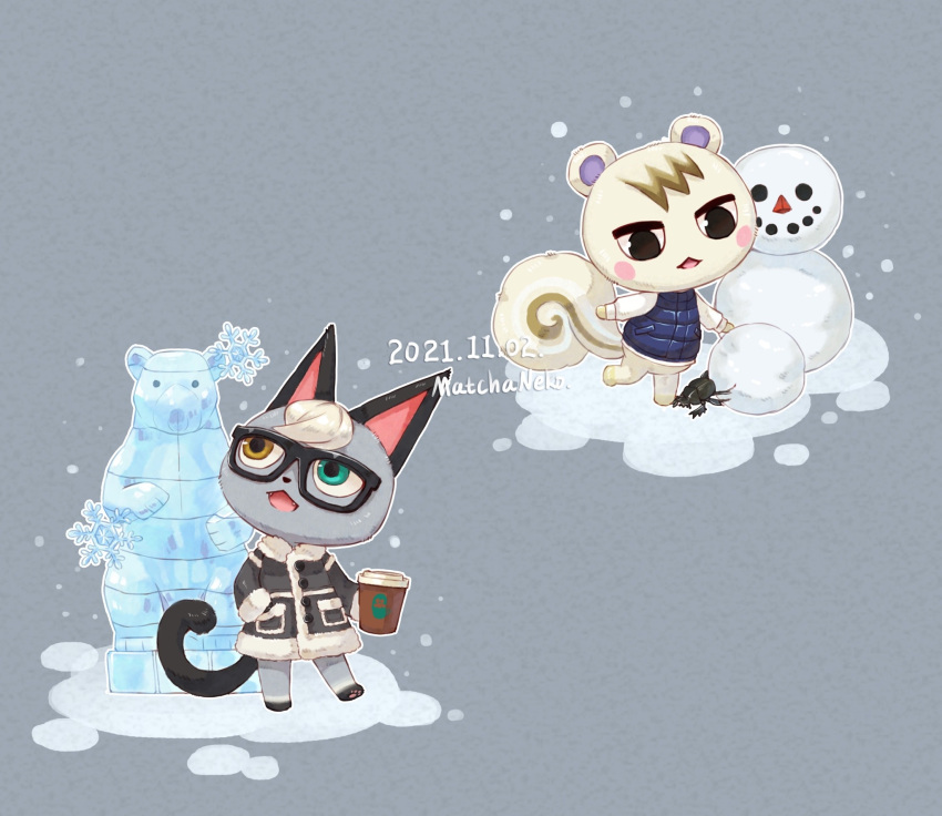 2boys :d animal_crossing artist_name beetle black-framed_eyewear black_vest blush blush_stickers bug buttons cat_boy coat coffee_cup commentary cup dated disposable_cup english_commentary fur-trimmed_coat fur-trimmed_sleeves fur_trim furry furry_male glasses green_eyes grey_background grey_coat heterochromia highres holding holding_cup ice ice_sculpture long_sleeves looking_up male_focus marshal_(animal_crossing) matchaneko multiple_boys open_mouth raymond_(animal_crossing) shirt simple_background smile snow snowflakes snowing snowman squirrel_boy standing vest white_shirt winter yellow_eyes