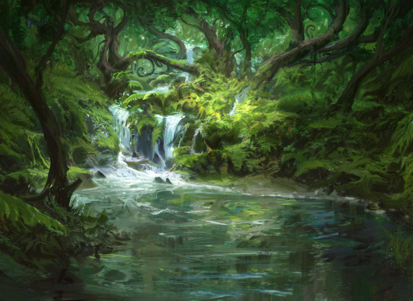 efflam forest highres jungle magic:_the_gathering nature no_humans outdoors river scenery tree vegetation water waterfall