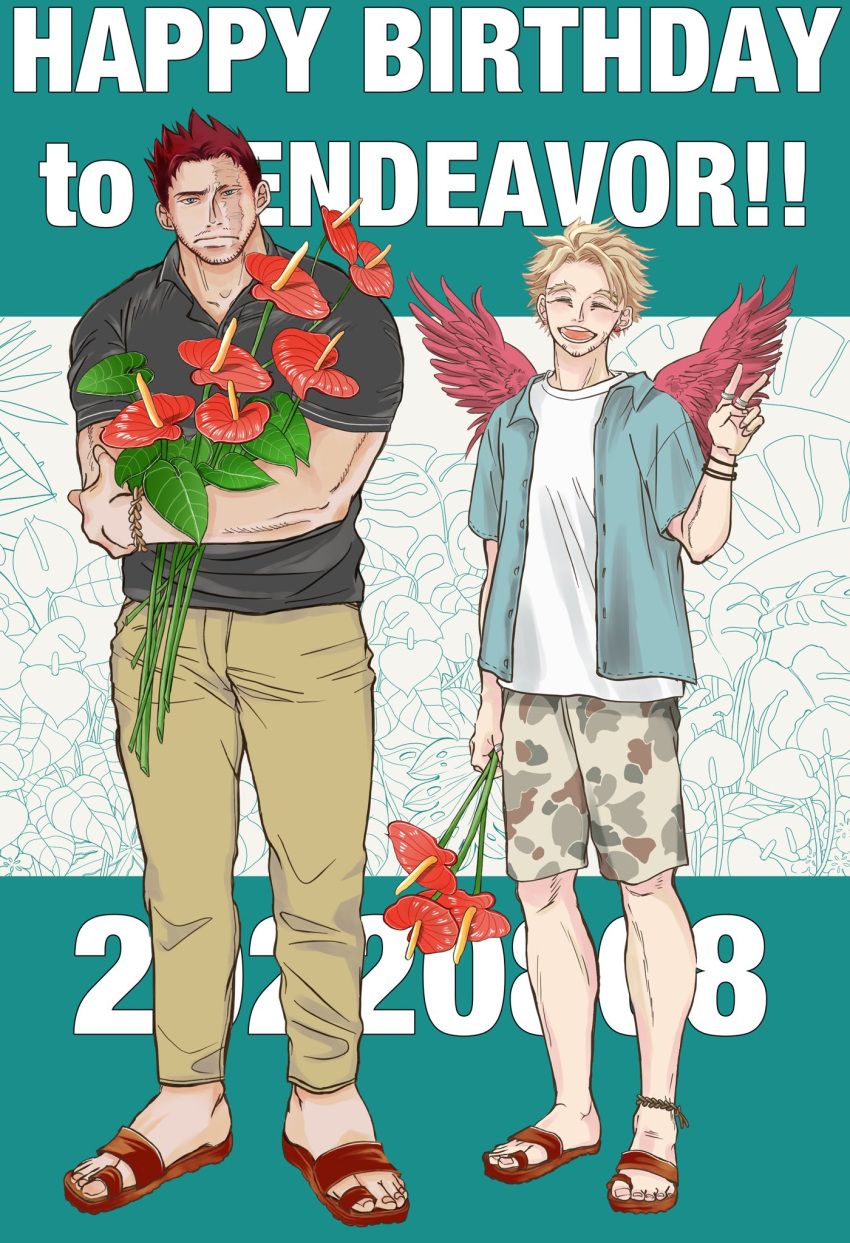 2boys bara beard beard_stubble boku_no_hero_academia camouflage camouflage_shorts endeavor_(boku_no_hero_academia) facial_hair flower fragola_mha full_body happy_birthday hawks_(boku_no_hero_academia) head_tilt highres light_frown male_focus mature_male multiple_boys muscular muscular_male pants pectorals red_flower sandals scar scar_across_eye short_hair shorts sideburns spiked_hair standing stubble thick_eyebrows yaoi