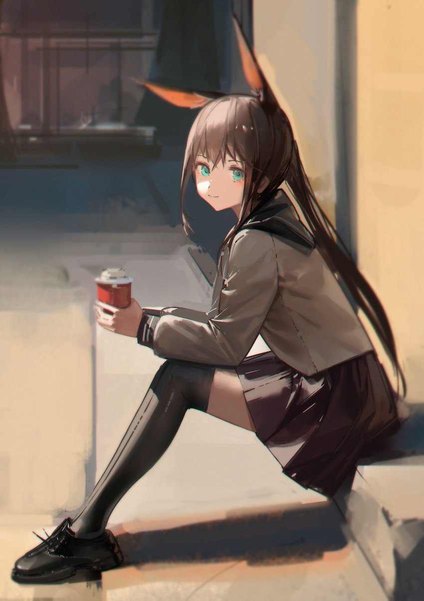 1girl absurdres amiya_(arknights) animal_ears aqua_eyes arknights black_footwear black_thighhighs blush boboyo brown_hair brown_skirt closed_mouth commentary_request cup from_side full_body grey_shirt highres holding holding_cup knees_up long_hair long_sleeves looking_at_viewer looking_to_the_side pleated_skirt ponytail puffy_long_sleeves puffy_sleeves rabbit_ears shirt shoes skirt smile solo thighhighs very_long_hair