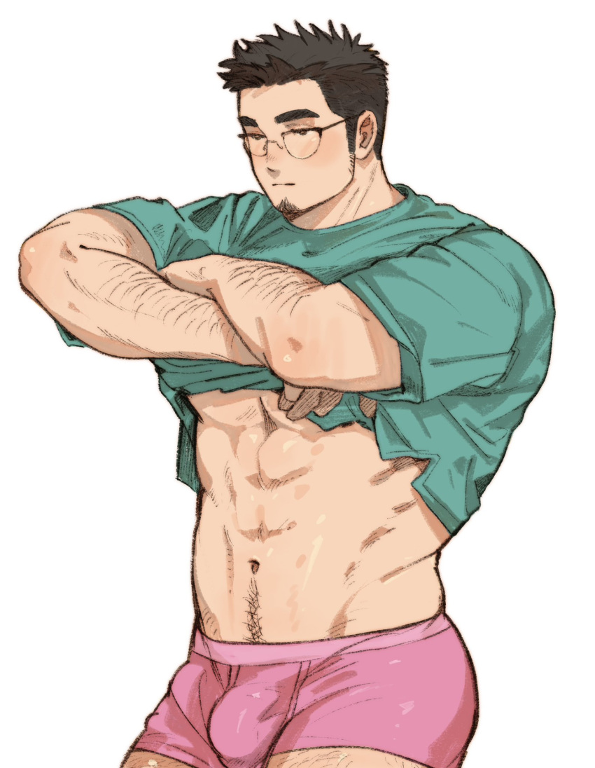 1boy abs arm_hair bara boxers bulge cowboy_shot facial_hair goatee hairy half-closed_eyes highres leg_hair lifted_by_self long_sideburns male_focus male_underwear mature_male muscular muscular_male navel navel_hair original print_male_underwear shan_(shanshankuo) short_hair sideburns solo stomach stubble tan_tsi-ho_(shan) thick_eyebrows thick_thighs thighs underpec underwear undressing