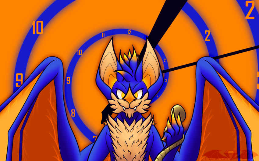 &gt;:) 2023 5_fingers abstract_background anthro bat bat_ears blue_body blue_fur cheek_tuft chin_tuft claws clock colored darkoverord digital_media_(artwork) facial_tuft fangs fauxhawk ferris_brubat fingers fluffy_chest fur glowing glowing_claws glowing_ears glowing_nose glowing_pupils glowing_veins hair hi_res hypnosis hypnotizing_viewer looking_at_viewer male mammal membrane_(anatomy) membranous_wings mind_control multicolored_hair orange_background orange_body orange_eyes orange_fur orange_hair orange_membrane orange_nose pocketwatch shoulder_tuft simple_background solo spiral_background tan_body tan_fur teeth tuft two_tone_hair watch wings