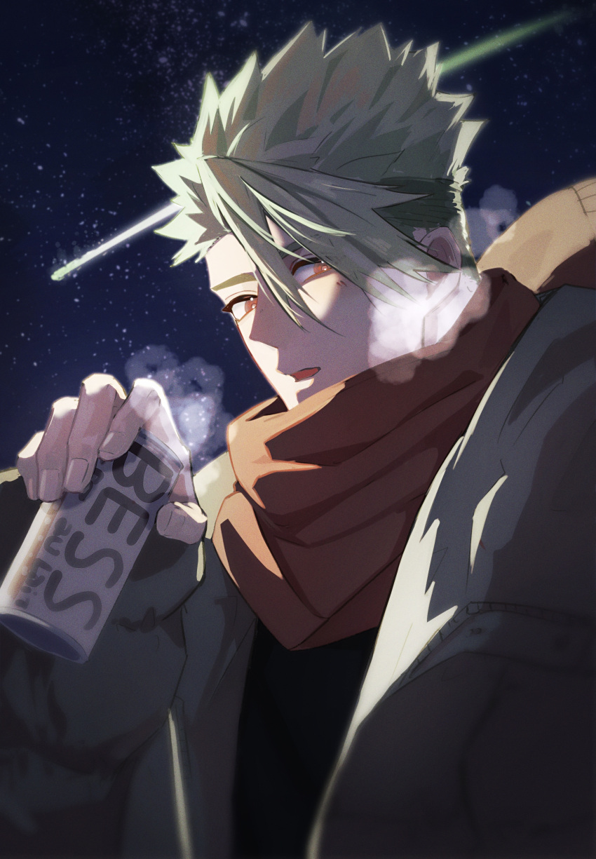 1boy absurdres achilles_(fate) alcohol beer_can black_shirt breath can coat fate/grand_order fate_(series) green_hair hair_between_eyes haruakira highres holding holding_can looking_at_viewer male_focus night night_sky orange_eyes orange_scarf scarf shirt shooting_star sky solo star_(sky) undercut upper_body winter winter_clothes winter_coat