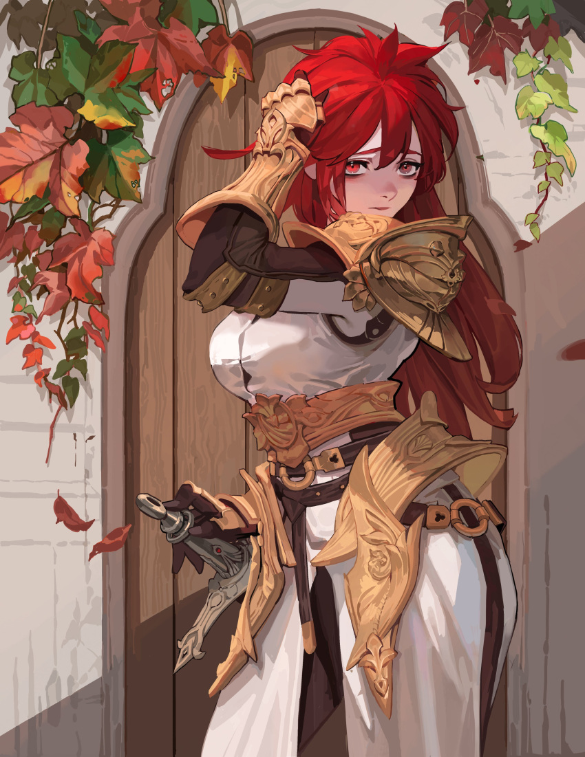 1girl absurdres armor breasts cowboy_shot dress faulds gloves hair_between_eyes hand_in_own_hair highres holding holding_sword holding_weapon large_breasts leaf long_hair o-ring_strap ori_dal original pauldrons red_eyes red_hair shoulder_armor solo strap sword weapon white_dress wooden_door