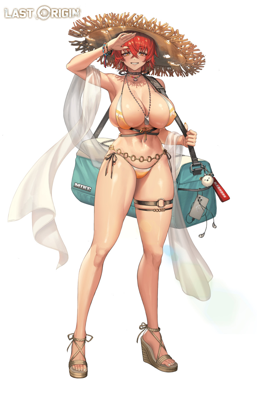 1girl 2v_(joyeong) absurdres armpits bag bag_charm bare_shoulders belt bikini blush bracelet breasts cellphone charm_(object) collar commentary_request copyright_name covered_nipples dog_tags earphones earrings feet fingernails front-tie_bikini_top front-tie_top full_body hand_up hat highres holding holding_bag hoop_earrings jewelry korean_commentary large_breasts last_origin legs lips logo looking_at_viewer mole mole_on_breast nashorn_(last_origin) navel necklace o-ring o-ring_belt official_art orange_eyes parted_lips phone red_hair sandals shell_necklace shiny_skin short_hair side-tie_bikini_bottom simple_background smartphone smile solo standing stomach strappy_heels sun_hat swimsuit teeth thigh_strap thighs toeless_footwear toenails toes white_background