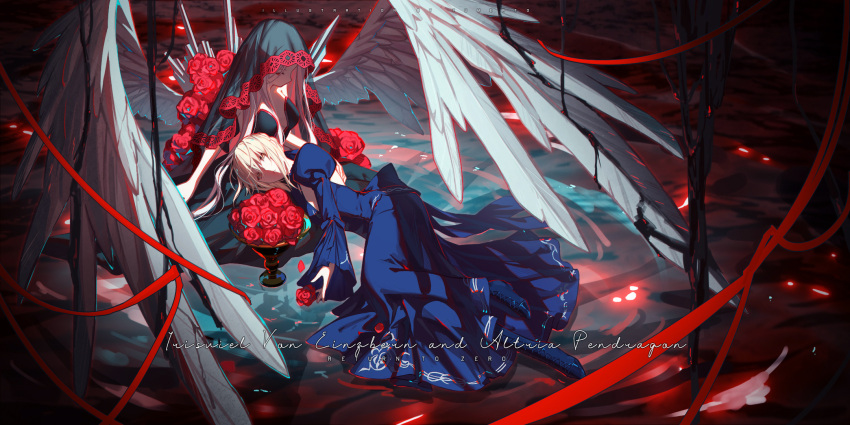 2girls artoria_pendragon_(fate) backless_dress backless_outfit black_dress blue_dress blue_footwear breasts character_name cleavage dress fate/grand_order fate/zero fate_(series) feathered_wings flower hair_between_breasts hair_between_eyes highres irisviel_von_einzbern lap_pillow long_dress long_hair long_sleeves lying medium_breasts multiple_girls on_side parted_lips red_flower red_ribbon red_rose ribbon rose saber_alter short_hair sidelocks veil very_long_hair white_hair wide_sleeves wings xing_muhen