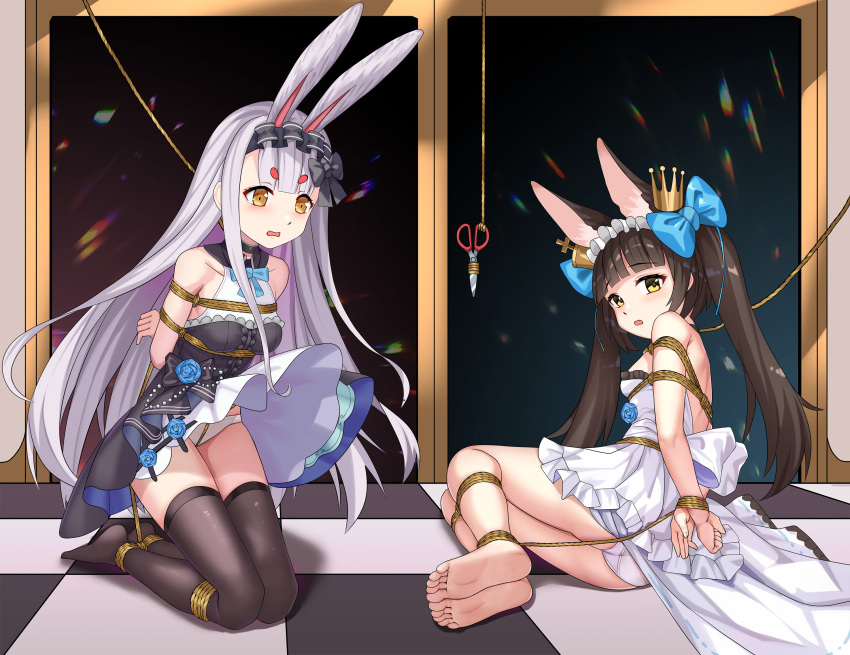 2girls animal_ears arms_behind_back ass azur_lane backless_dress backless_outfit bare_legs bare_shoulders barefoot bdsm black_bow black_dress blue_flower blush bondage bound bound_ankles bound_arms bound_legs bound_wrists bow breasts brown_hair center_frills checkered_floor clothes_lift commentary_request crotch_rope crown_hair_ornament distress dress dress_lift embarrassed facing_viewer flower flower_ornament fox_ears fox_girl frilled_dress frills from_behind from_below full_body haimei1980 hair_between_eyes hair_bow hairband highres kneeling leaning_forward legs lolita_hairband long_hair looking_at_viewer looking_back looking_down multiple_girls nagato_(azur_lane) nagato_(guardian_fox's_procession)_(azur_lane) no_bra no_wings open_mouth orange_eyes panties rabbit_ears rabbit_girl restrained shibari shimakaze_(azur_lane) shimakaze_(the_white_rabbit_of_wonderland)_(azur_lane) skindentation sleeveless sleeveless_dress small_breasts strapless strapless_dress thighhighs thighs twintails underwear upskirt very_long_hair white_dress white_hair white_panties yellow_eyes