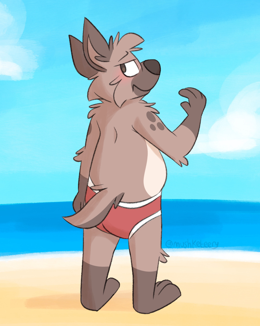 absurd_res anthro barefoot baregoot beach blue_sky blue_water briefs briefs_only brown_eyes brown_nose butt clothed clothing cloud colored_seam_underwear embarrassed feet frown fur hi_res hyena male mammal mushketeery mushy_(mushketeteery) red_briefs red_clothing red_underwear sand seaside sky solo spots tan_body tan_fur topless underwear underwear_only water white_seam_briefs white_seam_underwear